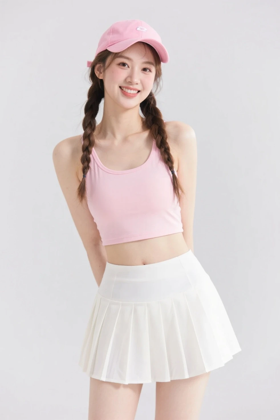 1girl, Full body portrait of happy Beautiful skinny fit blonde girl, (aged 12:1.6), short height, juvenile body, cute happy smile, full lips, attractive innocent rare face, long blond hair in a high ponytail, thin waist, outdoors, she's a tomboy, (she wears a very girly outfit:1.3), (((ulltra short, transparent white crop top))), (((revealing pink micro skirt)))
