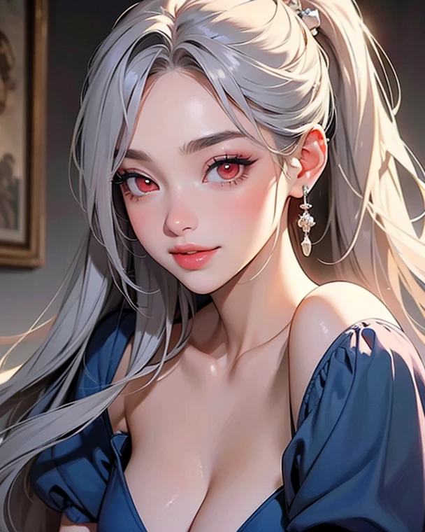 (oil, masterpiece, highest quality, Super detailed, Focus on the characters, perfect face, perfect eyes), Young woman, pale skin, ((a long gray hair)). ((a elegant red dress)). She has a serene expression. ((Looking straight ahead)), (front view), the background is a soft light blue gradient, giving the image an ethereal and calm feel, ((red dress)