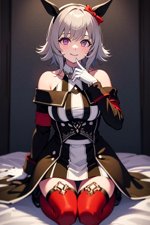(in hotel, masterpiece, best quality:1.2), 1girl, waving hair, estrus, sweet temptation, lingerie, ((elbow gloves))