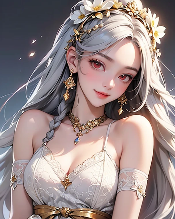 super high quality, masterpiece, Perfect illustration, Very detailed、8k wallpaper, Very detailed (Exquisite light and shadow, Very dramatic photo,Backlight) , ((Gray Hair:1.5))1 Girl, alone, (Wearing Han clothes, Royalty、Black and white Hanfu,Thick fabric,Long sleeve) Flower Field, Flowers, (White smoke:1.3) (Realistic:1.4),  (Dynamic Angle: 1.4), Glowing Skin, (Floating colorful flashes: 1) The most beautiful chaotic shapes, elegant, Brutalist Design, Bright colors, Romantic Depth of Field Exotic_dance, half_naked、((Off the shoulder、Medium chest、Beautiful cleavage))