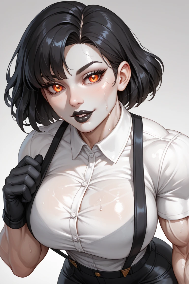 (1 girl muscular) yellow eyes large breasts pale skin skintight black hair sad