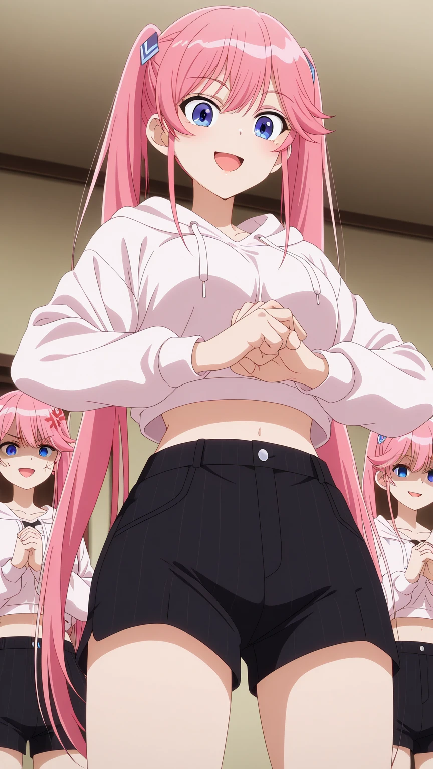 top-quality、​masterpiece、1girl in、looking at the viewers、A pink-haired、shorth hair、城市、Random Hair Styles, cowboy  shot、(((skirt flip)))、 Looking Up, View from below, (((Panties))), (((blush and surprised face,))), (((Open your eyes))), (((scream))),