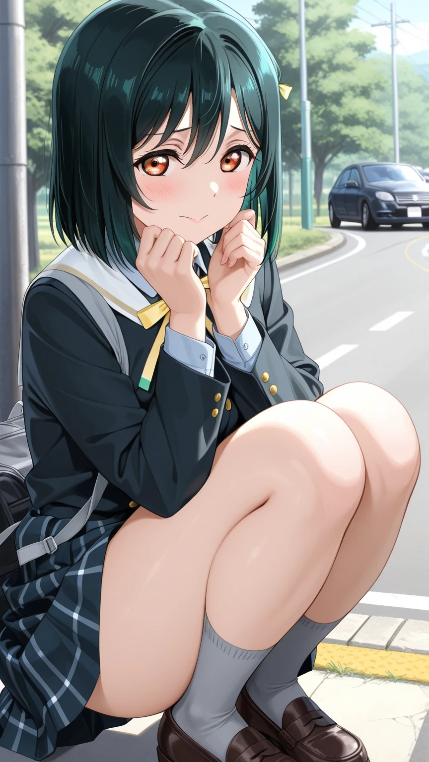 One girl, alone, tooru hagakure masterpiece,highest quality,High resolution,Super detailed,Toru Hagakure,Green Eyes,Multicolored Hair,Long Hair,Ahoge,bangs,Big Breasts,sweater,turtleneck,street,smile,Are standing,No sleeve,arm_behind_head,arms_superior, Perfect hands, Perfect Anatomy (Hypnotized gaze :1.3),stare into the distance,pink pupil,(skirt lift:1.3),spread legs,(pussy focus:1.3),spread pussy with fingers,spread pussy wide,kuppa,(love juice string:1.3),(pussy peek:1.4)(chibi:1.4),blue shirt,(kindergarten uniform:1.2),(yellow school hat:1.15),(blue skirt:1.1),(tulip-shaped name tag:1.05)