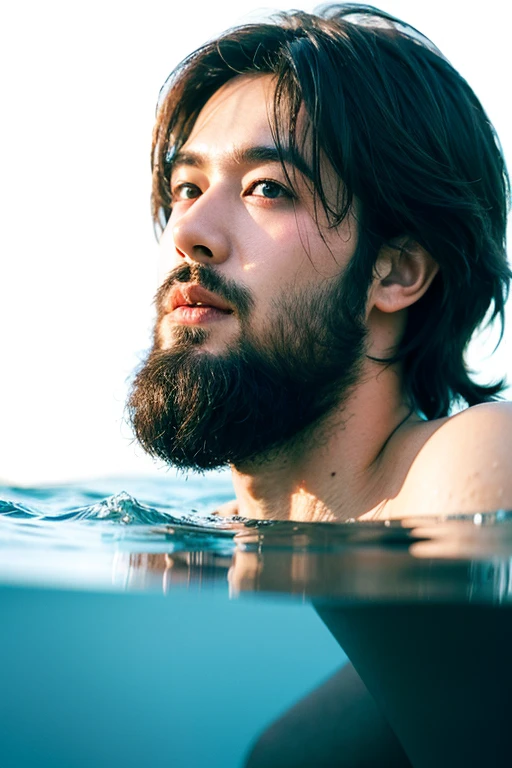 1boy,asian young man,3 days beard,skinny,twink,normal body, in the water ,
