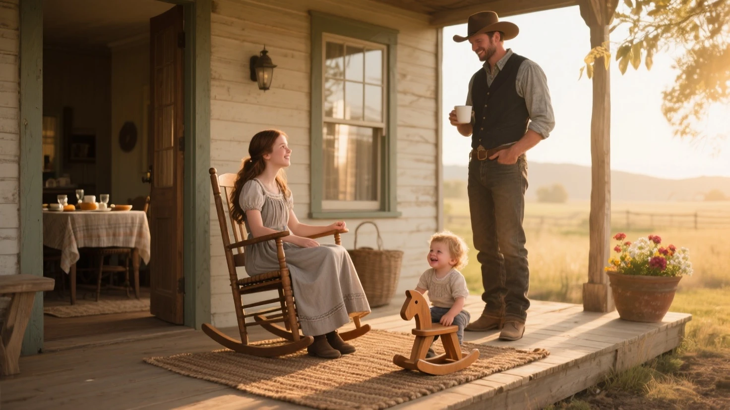 Henry Cavill with a cowboy hat sitting in a cozy café with a young blonde girl and a baby of 3 months in his amrs