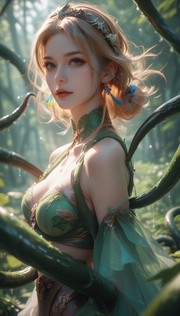 ((best quality)), ((masterpiece)), (detailed), 1 fairy girl, off-shoulder sweater, a fairy, fairy girl, winged pixie girl, girl fairy, various different types of insect wings, small breasts, NSFW,tentacle-like vines, Covered with tentacles, encoiled by tentacles, Tentacles around the body, many tentacles, captured by tentacles, bound by tentacles, trapped by tentacles, Fine details,Tentacled,Tied with tentacles, roaming tentacles, drooling,Crying,horrified expression, panic, fight for survival, helplessness, Detailed body,Full limbs,NSFW, being pulled into a flower, wild environment, jungle, terrifying floral environment, horrific nature, predatory flora, fairy catcher, fairy trapper, fairy catcher plant, tentacle-like vines, fairy trapper-plant, fairy catcher flower, tentacle-like vines, fairy trapper-flower inspired by carnivorous plants; a plant occupying the equivelant evolutionary niche as a spider would