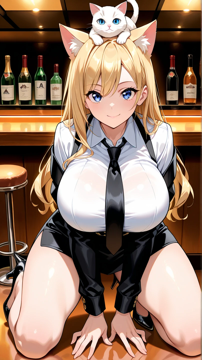  White woman wearing casual clothes and a short skirt to a restaurant f with her breasts out , fit 6 pack , blonde hair very long super thick wild hair , smiling seductively, blushing , small blond wolf ears , red glowing eyes , freckles , wearing leggings , perfect shaped ass , perky tits , wolf tail