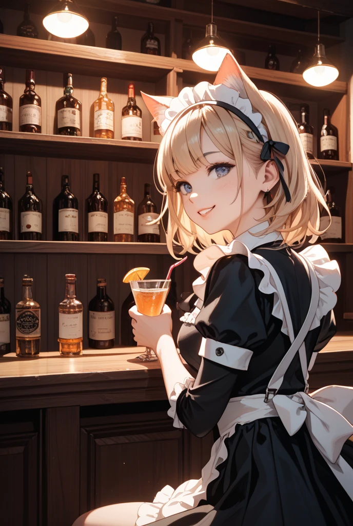 (best quality, masterpiece:1.4), (photo realistic:1.4),
1girl, solo, upper body, (two tone color hair,blonde:1.2,pink:0.7), One Side Cut Layer Bob, purple eyes, bartender, white shirt, bow tie, vest, breasts, puffy sleeves, long sleeves, gloves, cocktail shaker,
cocktail glass on counter, bar, bar counter, rolling bottle in air, many bottles,