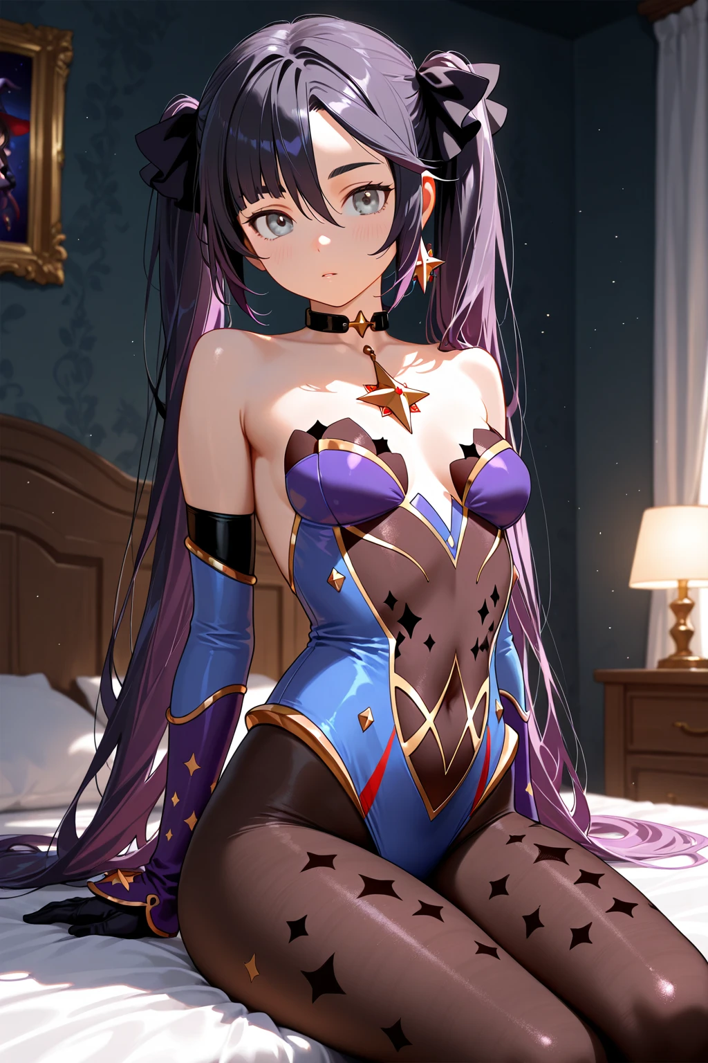 (Masterpiece), Best Quality, ultra-detailed, 1girl( mona_tpa, mcdonald's, purple hair, long wave hair, aqua eyes, empty eye, small breasts), blank face, parted lips, solo, nose blush, blush, stairs, shrine, lens flare, star_(symbol) pantyhose(torn), pussy, highly detailed, absurdres, indoor, night time, floor, straddle, sitting on floor, arms up, spread legs, Sexy waist teasing, come-on, temptation , love juice flows out of her pussy , top view