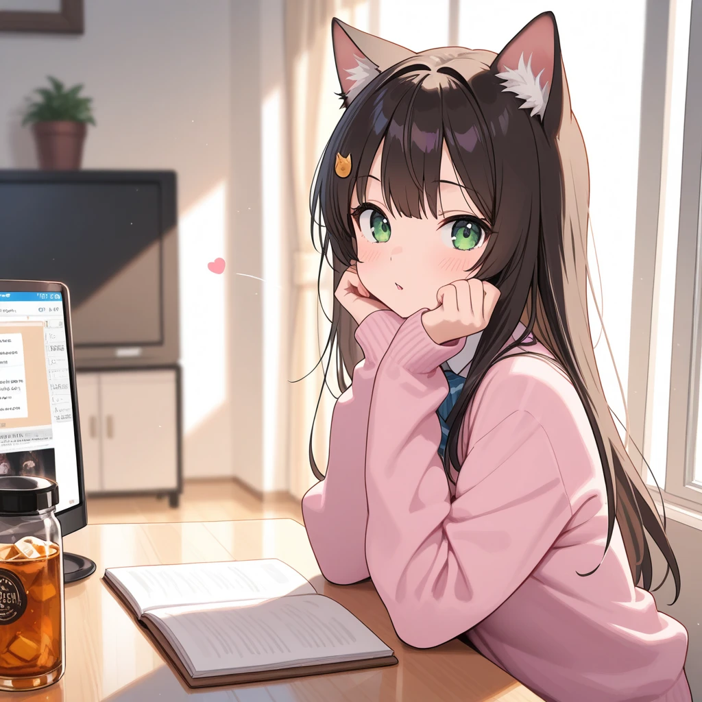 high quality, girl, long hair, twin tails, smiling, blush, high socks, legs, book, coffee, cat, aesthetic lighting, good lighting, realistic lighting, good composition, ultra detailed, detailed eyes
