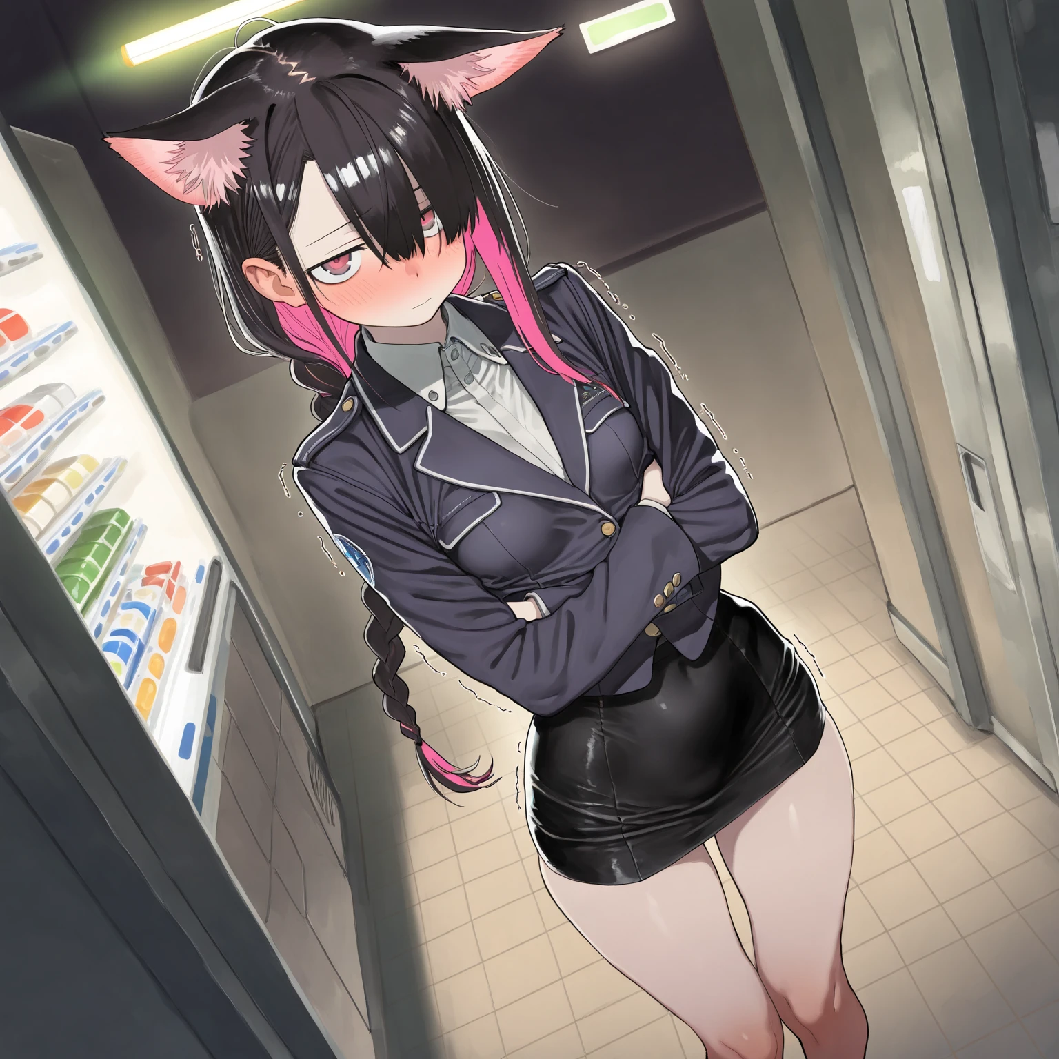 (detailed), (((bat girl))), (((murcielago))), gray skin, black wavy hair, ((Skirt)), (((freckles in the face))), (((office worker suit))), (sfw)