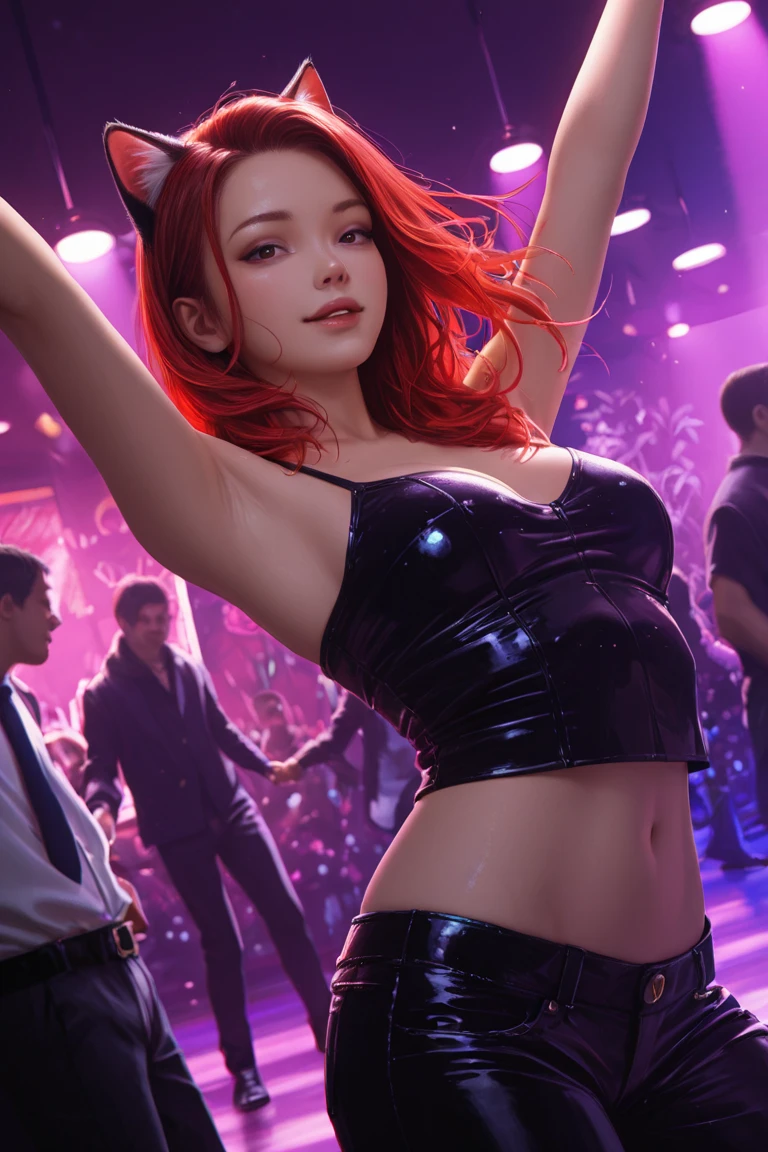 1girl,a beautiful fashion model ,(masterpiece, detailed background, best quality),short and shiny hair, red hair, hair with highlights, bangs, smirk,juicy lips,red lips, calmart, lingerie, stripping, elegant makeup, blue eyes, full body shot, (shiny skin), cyberpunk, sci fi, boa, extravagant jewelry, cocky expression, covered in jewelry, fancy, club outfit, shiny skin, wet skin. running hand through hair, leaning on wall, hair flip, sweat, dj, lights, beat spins you round, (((dance club)))
