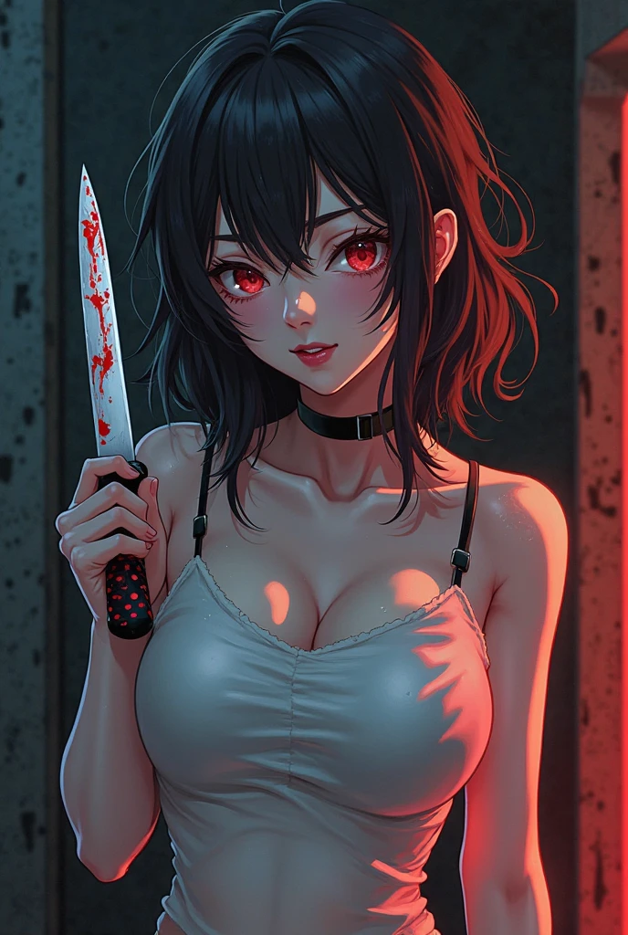"Woman with baseball bat with nails, clown makeup, beautiful woman, blood on her face, rainy night, dark lighting, intense rain effect, scene with depth of field."