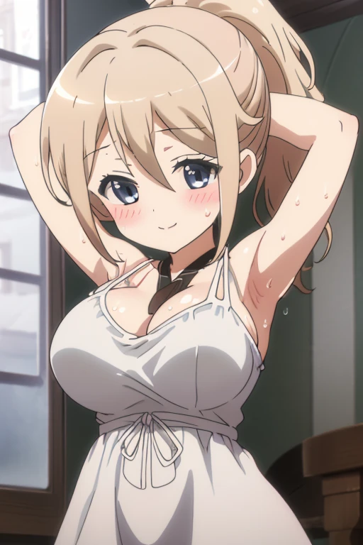 anime image of a woman in a bikini lying on a bed, seductive anime girl, the anime girl is crouching, crouched, also, beautiful anime girl squatting, grin, anime moe art style, makoto, ( ( ( yoshinari yoh ) ) ), lying on a bed, oppai, , yamada_yellow, 1chica , by rubio, alone, wide, hair ornament, , smile, bow, red eyes my dress darling anime, beautiful seductress anime 
