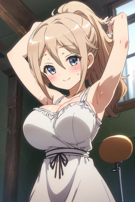 (Masterpiece: 1.2), Best Quality, (Illustration: 1.2), Eye Focus, (Ultra Detailed), Ultra Detail, (Fine Detail), (Intricate Detail), (Cinematic Light, Best Quality Backlight), Clear Lines, Solo Female, Solo Female, Perfect Figure, (1 Girl), High Contrast, (Best Lighting, Extremely Delicate and Beautiful), ((Cinematic Light)), Powerful, Absolutely Striking, Dynamic Angle, Gorgeous Background, cute Teeth, Open Mouth, mischievous smile, close-up, depth of field, close-up of a long-haired character. A cute tongue sticks out of the mouth, long hair, big breasts, short sleeves, dress, bare shoulders, braids, porcelain clothes