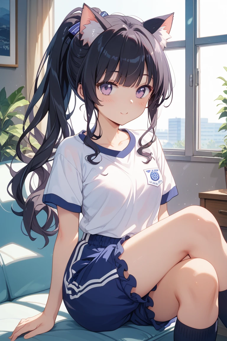 Kanaotsu Yuri, black hair, butterfly, butterfly hair ornament, (purple eyes:1.1), side ponytail, ponytail, (White short-sleeved gym clothes with navy blue cuffs)、((navy blue bloomers))、(barefoot)、dark blue socks、big smile、school building、ground、schoolyard、sexy pose、
break looking at viewer,
break indoors, classroom,
break (masterpiece:1.2), highest quality, High resolution, unity 8k wallpaper, (figure:0.8), (beautiful and fine eyes:1.6), highly detailed face, perfect lighting, Very detailed CG, (perfect hands, perfect anatomy),