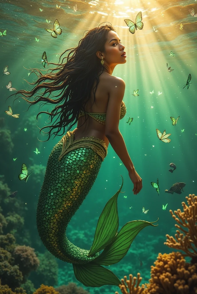Mermaid with dark skin and black hair, with a very detailed tail with nuances of blue green and lilac and more realistic features