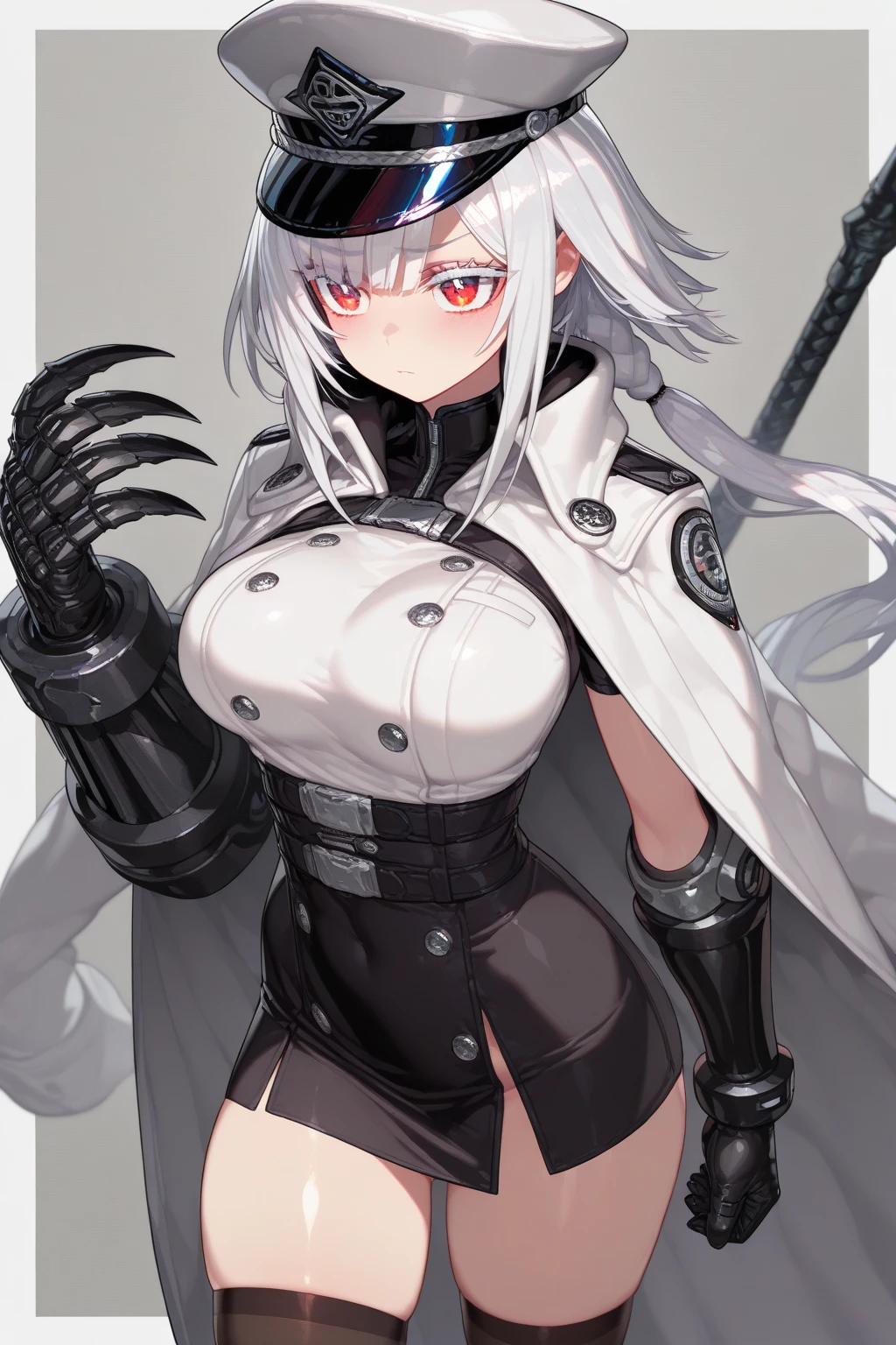 masterpiecie, high quality, 8k, high resolution, realistic, manga, 1girl, side, sexy, posing, (standing), full_body, Bronya_Zaychik, Honkai_Impact, silver_hair, grey_hair, fortified_suit, latex, black_bodysuit, in the bunker, military bunker, fascist flags