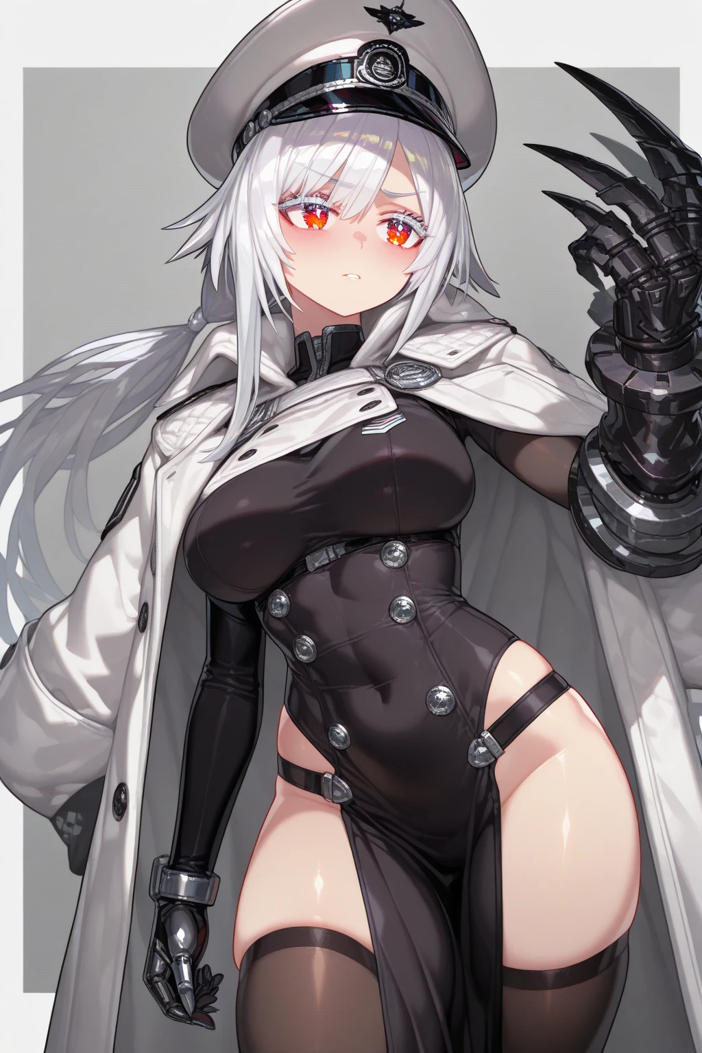 fly open, solo, Lapland (Arknights), smile, white hair, loose hair, long hair, golden eyes, standing, bruises, scars, scratches, large breasts, expression of pleasure, smile, one black thigh, boots, belt, crop top, shorts, scar through eye, hair clip, shadowed face, living room, nipples visible, dripping pussy