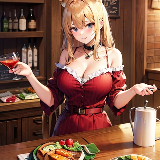 (dynamic angle:1.3, from front:1.1, breast focus:1.3, from above:1.2), (dynamic posing:1.5, sexy posing:1.3, leaning forward), (seductive smiling:1.3),masterpiece, 1girl, pointed chest:1.3,(double breasted:1.2,under bust:1.2), Amazing Cleavage:1.3, thin waist, big ass, Raised sexy, small breast: 1.2 posed cleavage:1.1, looking at viewer, open mouth, platina bronde hair, blue eyes, bare shoulders, collarbone, sidelocks, hairband, sapphire earrings, indoors, red off shoulder sweater dress, arms behind back, short hair with long locks, blue gold hairband, big side hair, very long side hair is rendered in (masterpiece: 1.2, best quality), with (ultra high resolution) and an exquisite (depth of field). This masterpiece is not only visually stunning but also tells,A scene of cooking in the kitchen