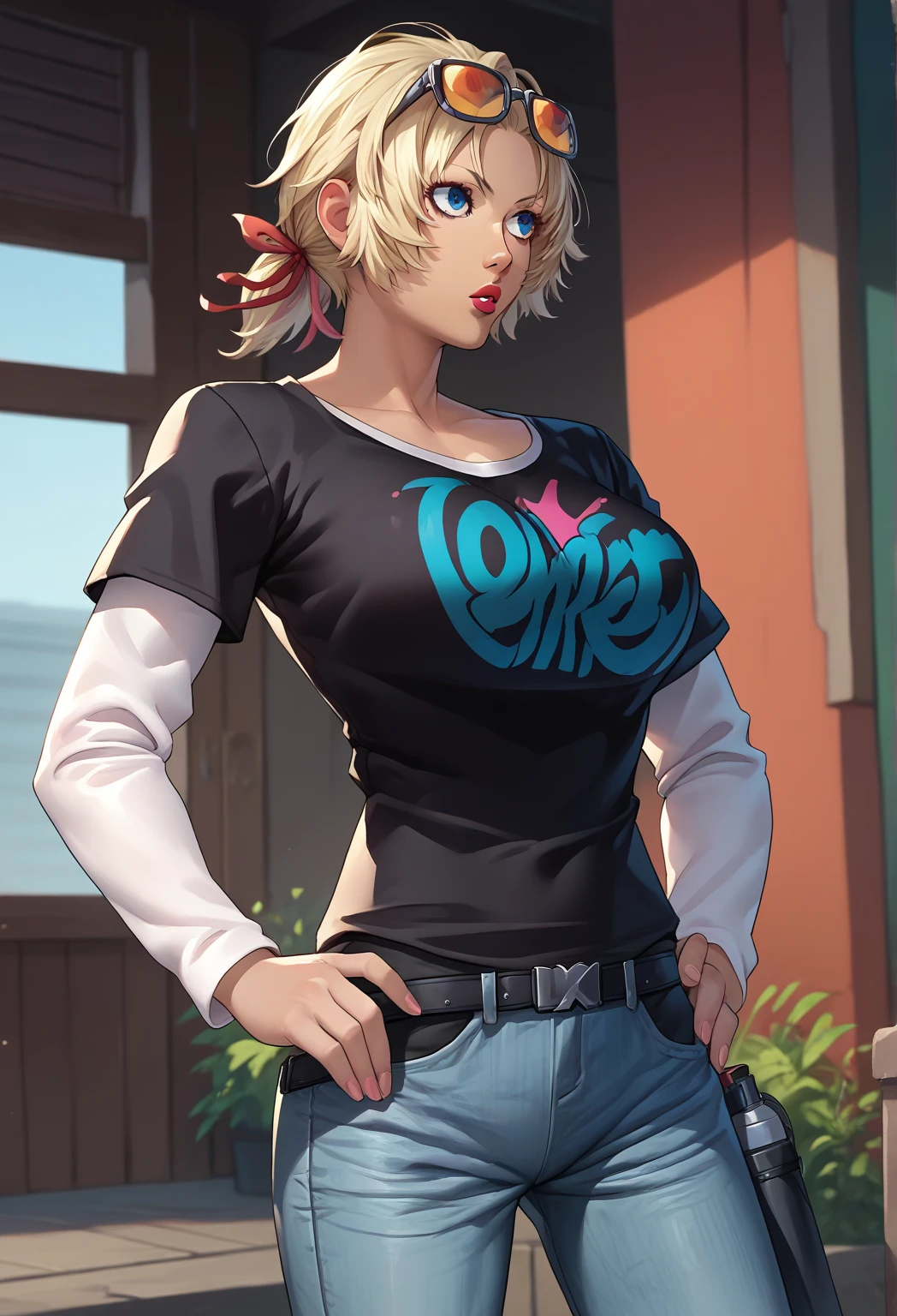 celes chere, blonde hair, blue headband, 1girl, solo, black t-shirt, white shirt, blue jeans, belt, lipstick, large breasts, layered sleeves