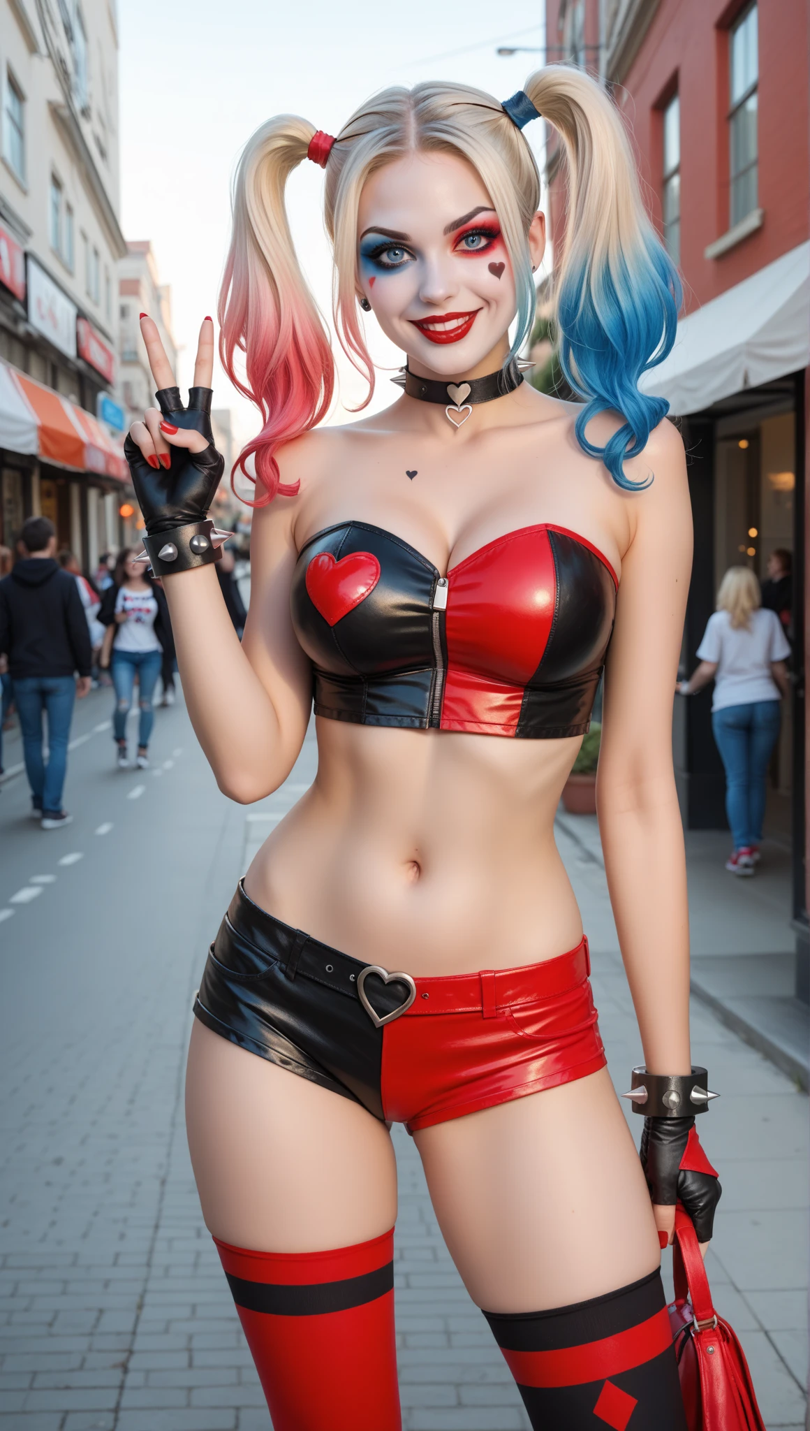 masterpiece, beautiful Harley Quinn , (delicate white very short transparent T-shirt with beautiful patterns), (red panties) , (pink and blue hair two ponytails in different directions hairstyle),  (Gorgeous big breasts), (perfect body)), outside, (skin texture:1.1), (in a magical fairytale city) , Best quality, ultra high resolution, RAW photo, Nikon D850, backlight, rim light, bright sunlight, detailing:1.2, (warm tone, warm tone:1.2), (color photo), fantasy battlefield background,
