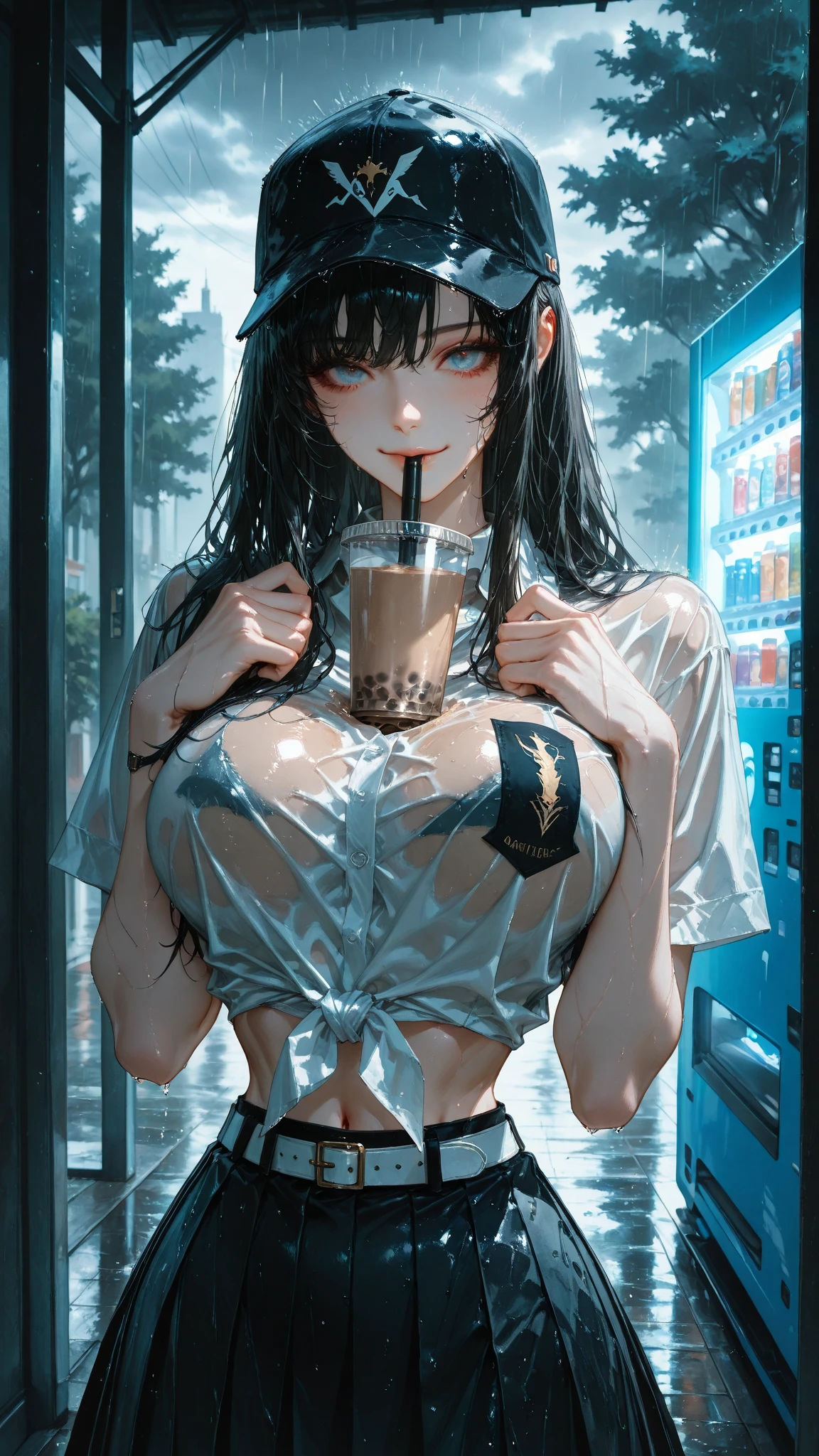 (masterpiece, best quality), 22 years old, 1girl,  <lora:pouringontoself:1> pouringontoself, pouring, pouring onto self, milk, bottle, milk bottle,holding, upper body,holding bottle, cleavage, wet clothes