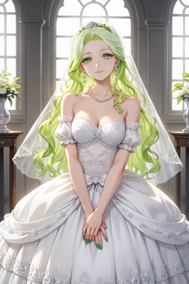 ((anime artstyle)),(Masterpiece),(Best Quality), (Super Detail),((Very Delicate and Beautiful)),Focus on character,Dynamic Angle,Looking at viewer,((Solo)),standing,((full body)),((one princess in gorgeous ball gown wedding dress with voluminous skirt)),((June bride)),detailed face and eyes,jewel-like eyes,((Very Long voluminous Hair)),gorgeous embroidery and lace,((gorgeous corsage)),See-through,(Gorgeous jewelry ornaments),luxury hair ornament,luxury tiara with jewels,ornate ruffles,((gigantic breasts,Long breasts)),indoor,church wedding,((full body)),hoop skirt,crinoline,very long wedding veil,(((fusion of jeweled wedding dress and gorgeous embroidery rococo ballgown))),