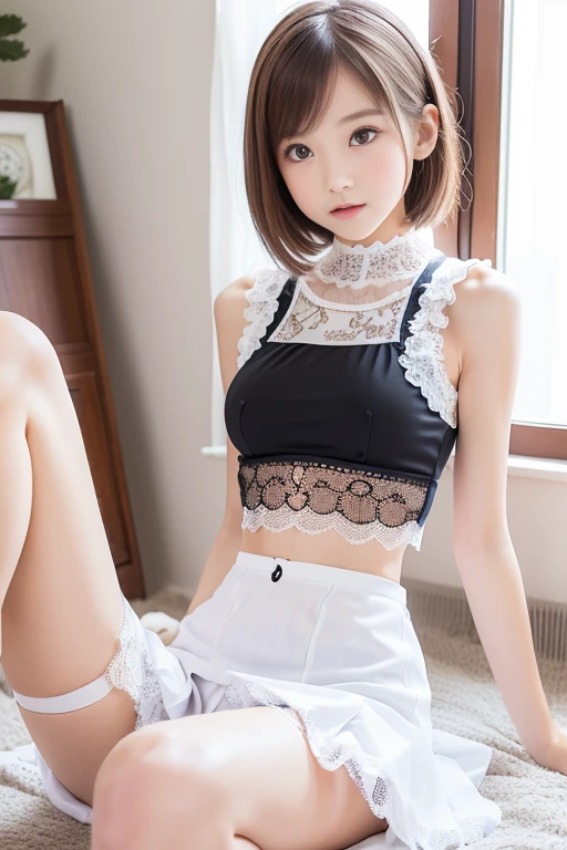 {{{Masterpiece: 1.2、64K High Resolution、UHD、ultra-detailliert、ultra-definition、A hyper-realistic: 1.2、extreme detailed face and body、realistic: 1.15、Raw photo: 1.15、Best Quality: 1.23}}}, {{{face and body with no defects、tre anatomically correct、No extra fusion}}}, {{{Perfect beautiful body、 Perfect very beautiful little face、Super realistic: 1.37、Professional Photographer、Canon F/2.8 300mm Lens、Five fingers,、2 arms、2 legs}}}, (1 beautiful girl), ((short pink hair)), (((9th class, 18year old))), ((Very cute little face: 1.3, very cute japanese girl: 1.3, Very beautiful slit eyes: 1.18、Beautiful thin eyebrows、Perfect narrow very high beautiful nose、Cute red lips、very beautiful white skin、Perfect beautiful long fingers、Beautiful long legs、Beautiful nails、Natural makeup)), ((Black maid outfit with apron、short black mini skirt with ruffles,、Thigh-length stockings、Cute pumps、Cute ruffled panties)), (((FULL BODYSHOT, Sitting on the sofa、Bend your knees and open your legs wide、Looking away、Subject on the entire screen))), (((Very beautiful Japan face: 1.3)))