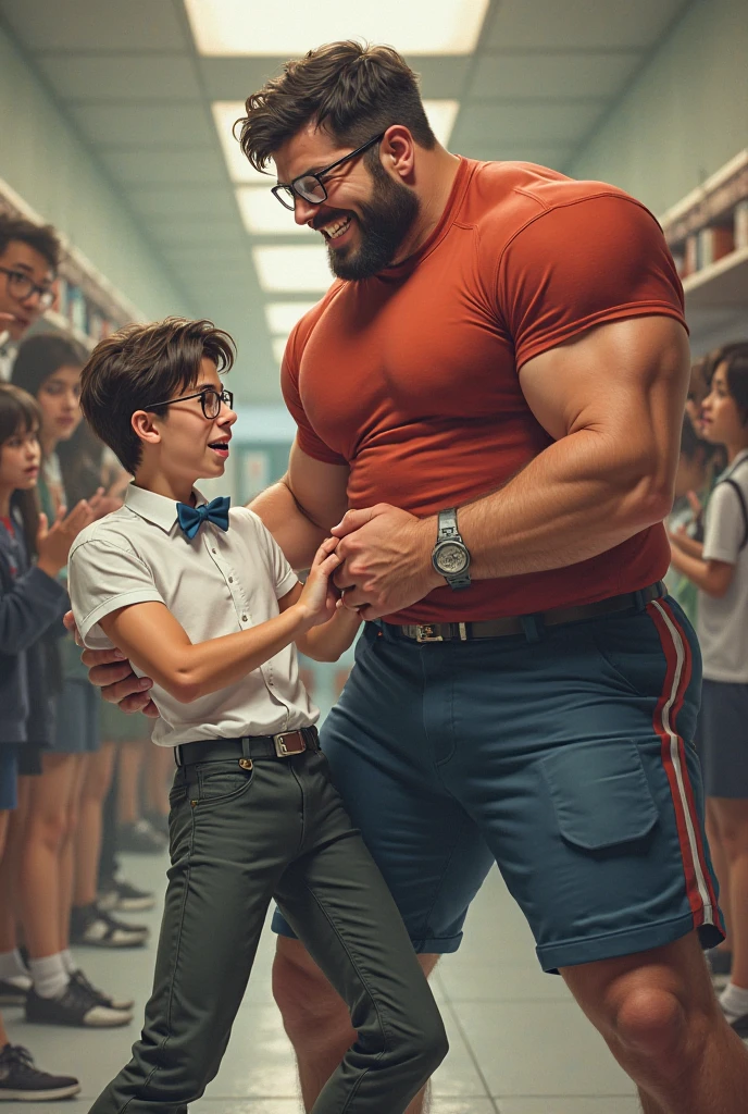 (((2heads))), obese man,32 years old, schoolteacher, blonde, red hair, blonde, thick rimmed glasses, classroom background, armpitsshowing, cleavage, large droopy breasts, angry expression, hair expression