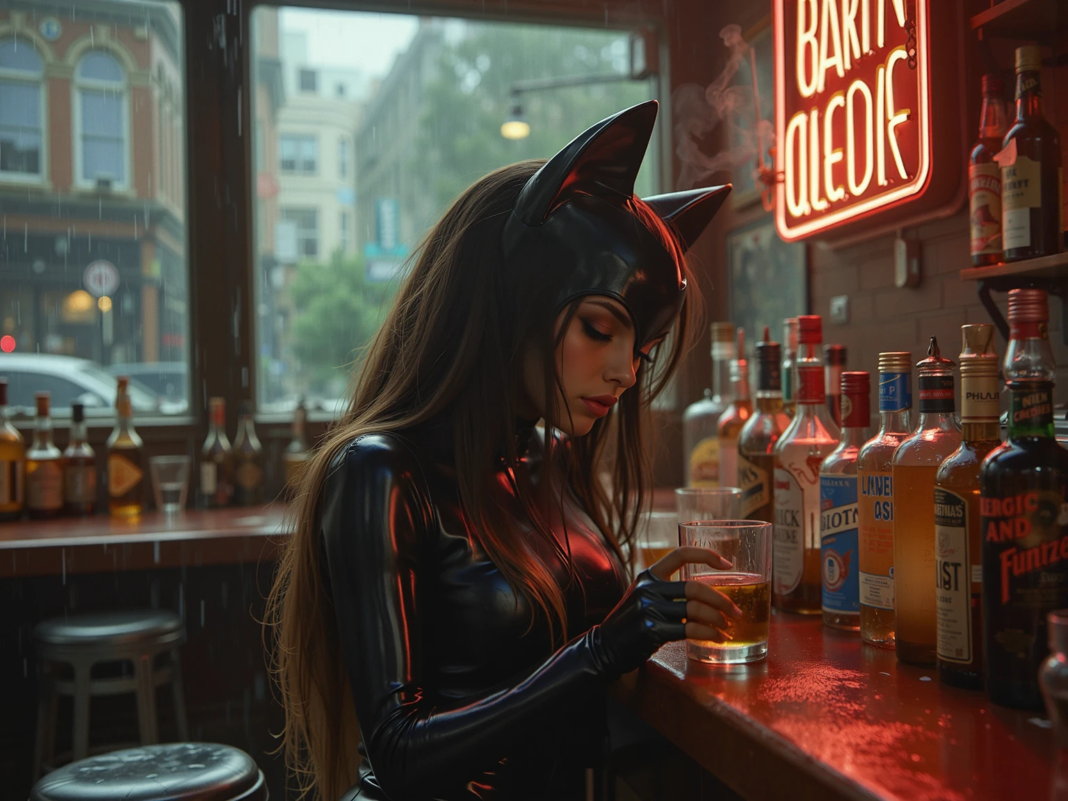 (masterpiece), (best quality), (solo, 1girl), (photorealistic1.4), (epiCRealLife:1.0), (large breasts), (Cleavage), (Young woman), (European Model), (photorealistic), ((blackwidow costume), (utility belt), (black latex bodysuit), (gold color arm bracelet), (full Gauntlet gloves), (fully covered hand gloves), (red lipstick), (JenniferConnelly90s), (green eyes), (red hair), (blackwidow hairstyle), (New York city coffee shop), (coffee table), (coffee cup), (alleyway), (at night), (neon sign), (from front),  (Time square), (focus on upper body), (standing), (close up), (flash photography), (flashphoto), (smile a little)
