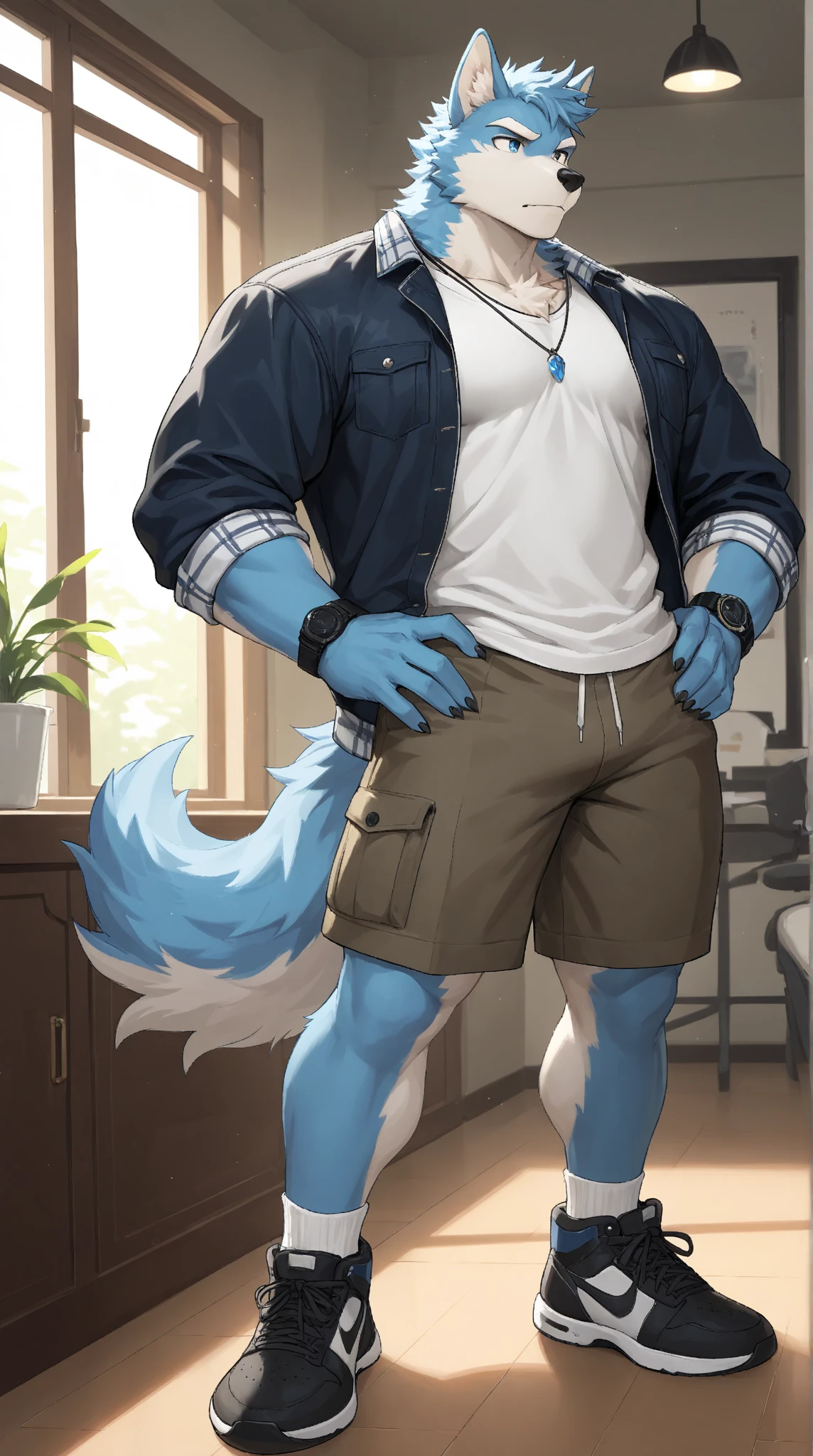 Chinese dragon boy,Gray fur,Topless, mammal, hairy,Black eyes,upscale hotel,Blue and black gradient swimming trunks quality,black fingerless gloves,goggles