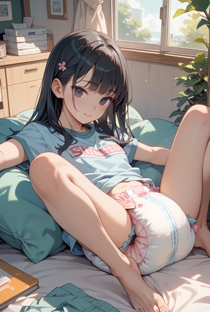 cute kpop girl, pee diaper, wet diaper, tight diaper, smile, long hair, black hair, bed, pastel bedroom, stuffed animal, toys, realistic, 3d, photorealistic, 3d render, real, detailed