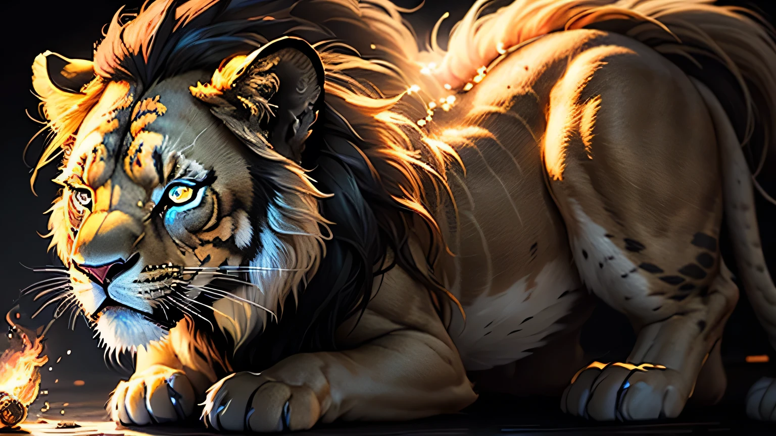Colorful lion painting on a black background,, Breathtaking Rendering, In a shining connection, Inspired by Kinuko Y. Crafting,, Magical Elements, Kitten Icon, oh, Is beautiful, Cast a variety of spells, bright flash, flash