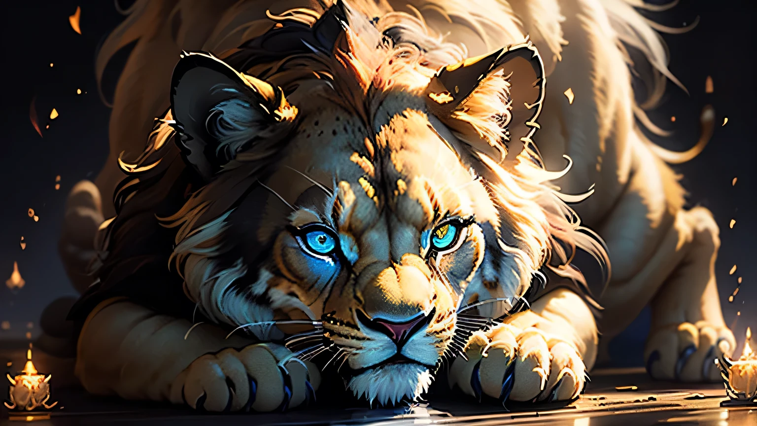 Colorful lion painting on a black background,, Breathtaking Rendering, In a shining connection, Inspired by Kinuko Y. Crafting,, Magical Elements, Kitten Icon, oh, Is beautiful, Cast a variety of spells, bright flash, flash  