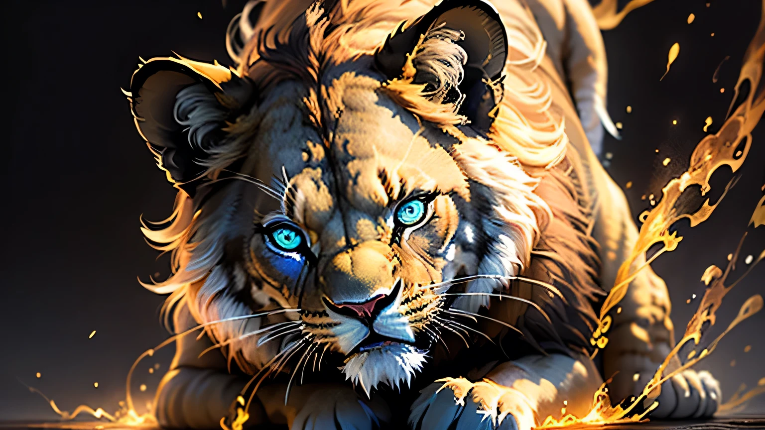 Colorful lion painting on a black background,, Breathtaking Rendering, In a shining connection, Inspired by Kinuko Y. Crafting,, Magical Elements, Kitten Icon, oh, Is beautiful, Cast a variety of spells, bright flash, flash