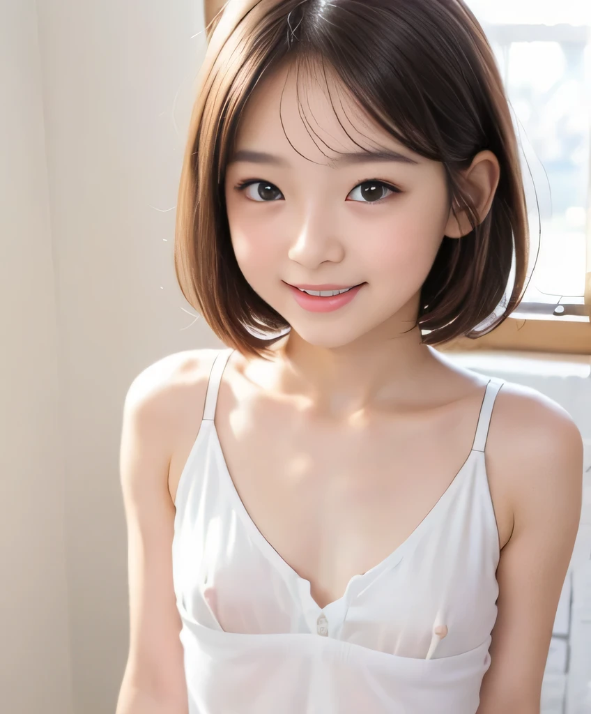 ((Neat and clean elementary school girl)), (小さいpeople), ((slim, small breasts, flat chest, small breasts)), short black hair, that'realistic, detailed, fine skin texture, 超detailed, delicate and sexy clavicle, shy smile, 超detailedな顔, detailedな唇, fine eyes, ((12 year old girl))、delicate eyebrows、((short neck))、((baby face))、プロphoto shoot、((looking at the viewer))、studio photography、people々photo shoot、horizon studio、Professional Ritinini Dress)),((No bra)),((not wearing makeup))with bungeshi hair),(Japanese style room),((Sitting straight on the tatami:1.2)),