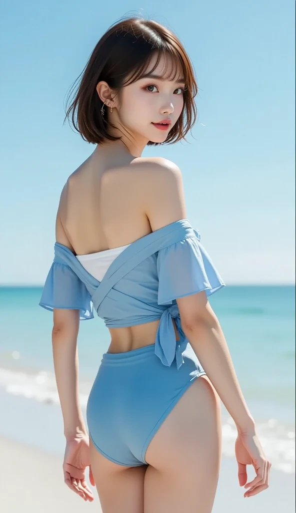 masterpiece, The best quality, Ultra-high resolution, High detail photo, Unity 8K Wallpaper, Extremely detailed CG:1.2), depth of field, bokeh, (RAW photo:1.realistic photography:1.4), (1girl:1.5), young, physically based representation, beautiful, (Finely detailed face:1.4, detailed clothing), (detailed:1.4) named (Eimi Fukada:1.1) BREAK Cara hermosa, depth of field, Add layer, hyperrealistic, 27 years old, perfect body model, perfect breasts, 175cm tall, pose sexy, full body, Whole body, Model Body Type, BREAK (white transparent dress:1.3), (Long hair:1.2), doble parpado BREAK Sydney beach, standing, golden hour, (Wind blowing the hair:1.5), cute smile, has