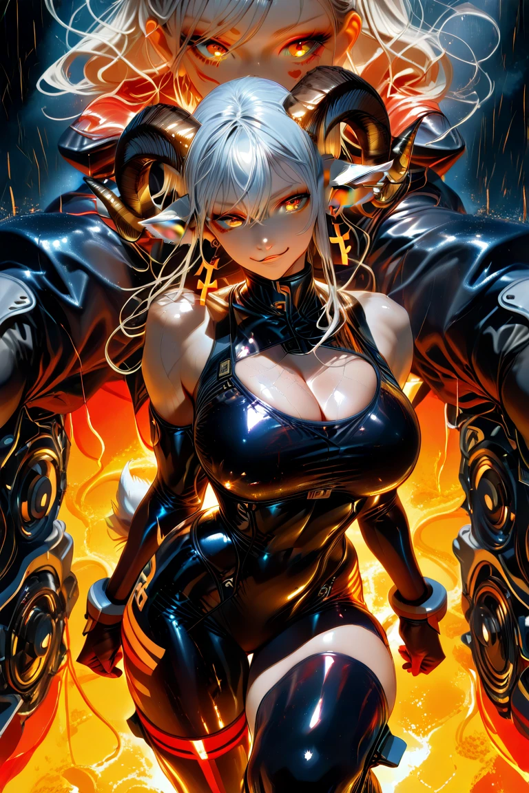 ((high detailed, best quality, 4k, masterpiece, hd:1.3)), ((best quality)), (((HD))), (((8k))), (ultraDH), (ultra HD), Princess Daisy, blue eyes, BREAK blue eyes, seductive, attractive, smooth anime cg art, 36C breasts, long legs, vivid colors, detailed digital art, slim body, perfect skin, dark blonde hair, long hair, blonde hair, blonde hair, BREAK crown, cleavage, 36C cleavage, looking at viewer, BREAK looking at viewer, extremely detailed face, red santa suit, red santa claus suit, santa claus suit, earrings, gem, dark black makeup lips, dark gothic eyeshadows, dark eyeshadows, black eyeshadows, black sexy lips, black lips, (dark:1.2), dark lips, very dark lips, (perfect hands, perfect anatomy), black makeup, black medium lips, black thick lips, detailed fingers, five fingers per hand, 5 fingers, (1 girl), detailed lips, detailed black lips, black painted lips, gothic painted lips, BREAK night, night sky, (breast focus), (arms outstreched:1.2), (from above:1.1), (breasts out:1.3), (off shoulder:1.1), (white horns), (corset), inside a lava castle, she inside a sea of lava, she bathing in lava, full body, perfect long legs, perfect foots, legs and foots into the lava,