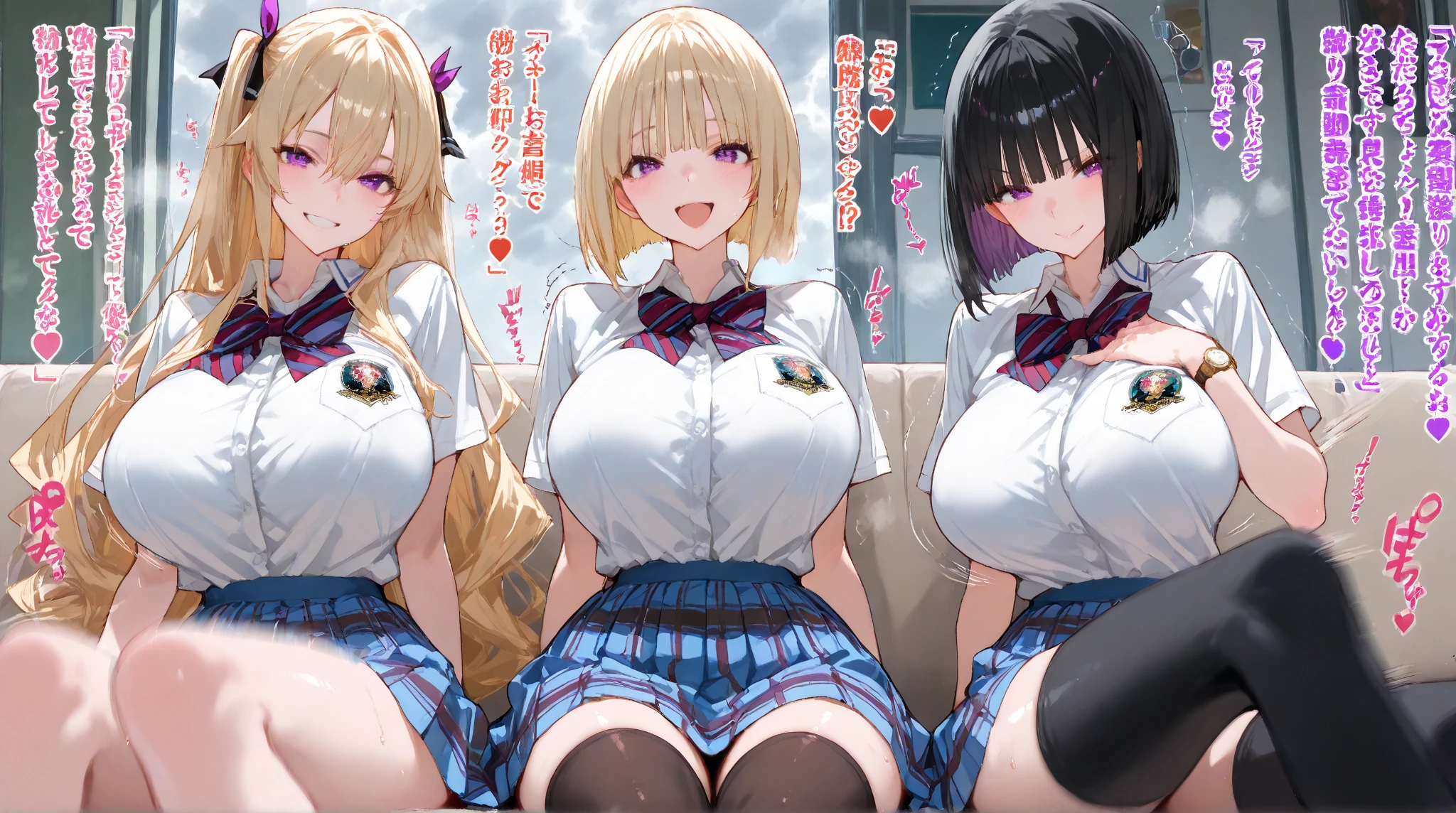 highest quality, Ultra-high resolution, Perfect Anatomy, Three Girls, Multiple Girls, , School rooftop、Spread your legs, Embroidered panties, Embroidered bra、garter belt、Garter Straps、Nipples、front、Office Suitini skirt、blush、Masturbation