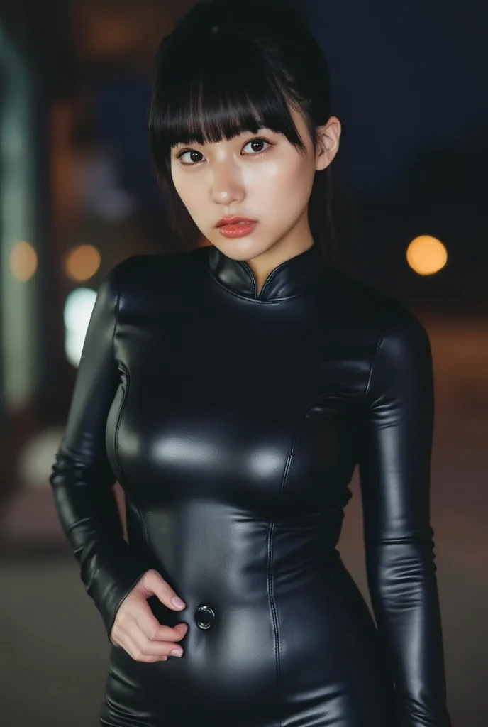 (8k, RAW photo, best quality, mastery:1.2), (realistic, photo-realistic:1.37),(Kpop idol), (aegyo sal:1),cute,professional lighting, photon mapping, radiosity, physically-based rendering , cosplay, lucy \(cyberpunk\), bob cut, mechanical parts, grey eyes, black tight suit, cyberpunk city, black pants, night, neon lights, sexy, smoke, looking at viewer,, 8k 高分辨率, 8k, CG壁纸, 现实, 清晰的背景, 中等乳房, 全身