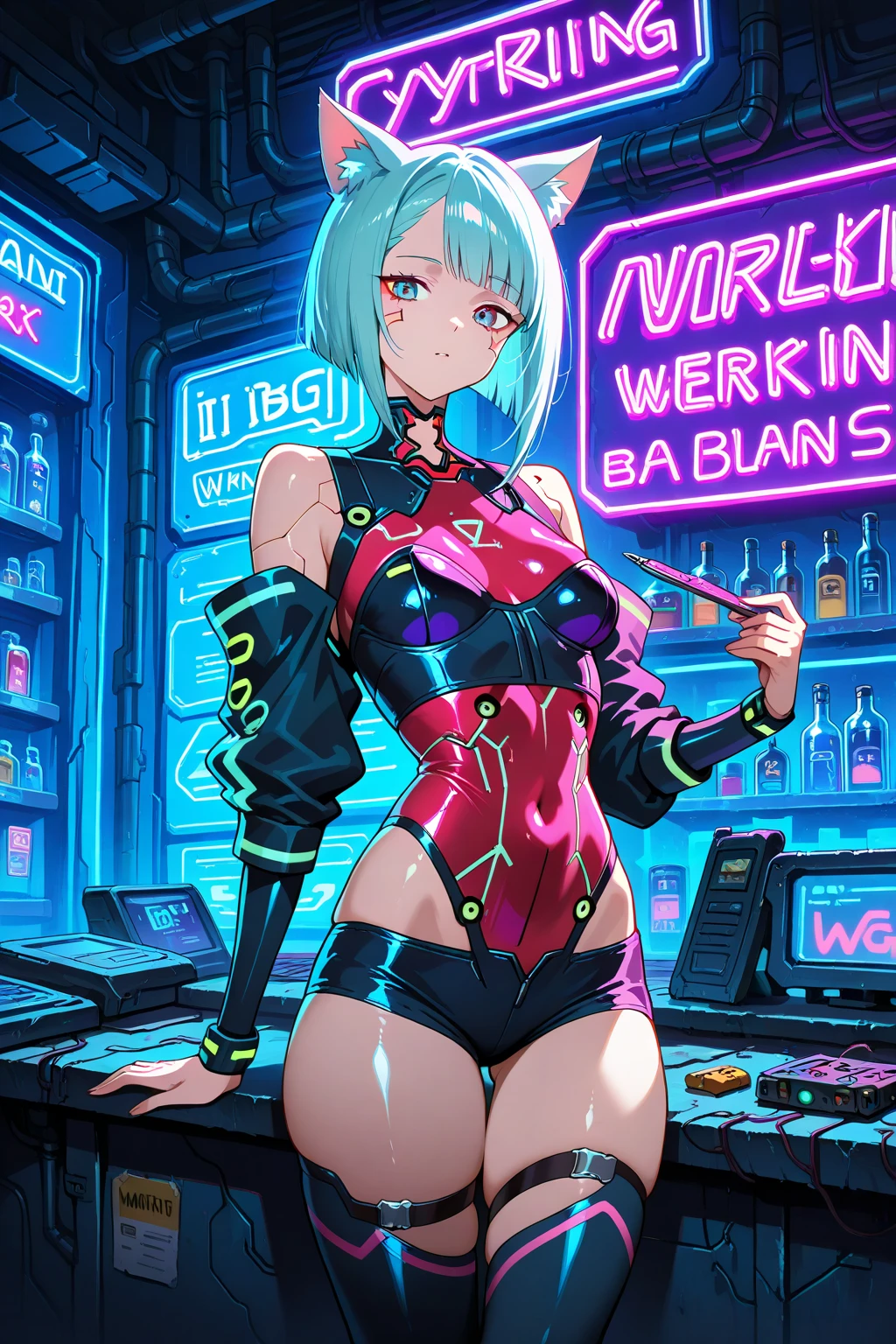 uma pintura digital da supergirl de cabelos longos, arte cyberpunk de Josan Gonzalez, vencedora do concurso behance, afrofuturismo, synthwave, neon, neon brilhante ,coxas grossas, cintura fina, sensual, nsfw, pouca roupa, erotic art, anime, roupas  rasgada de batalha, extremamente sexualizada, corpo suado, NSFW, desfrutando a nudez total de seu corpo molhado