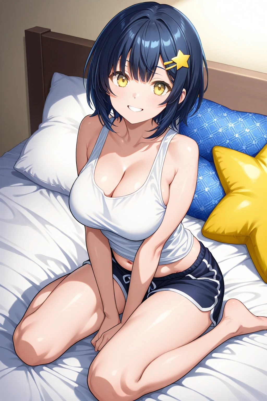 anime kurian mature girl, 1 girl in photo, (solo), AI generated picture,single in bed, laying on bed,   mature pretty woman, wearing (((bikini and pantie)))   dress, wearing beautiful (sexy ornate swimwear:1.3), very big breasts,  clear pussy, full hot body, muscular body, legs onen,close short, looking on camera,  hands on head 