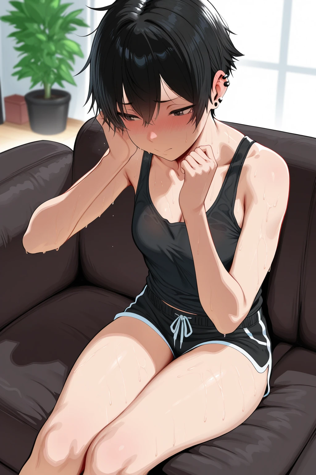 Bobcut、Black-haired 、Sweating at the gym、Desperate form、Sweaty、indoor、Many other guests、Composition from below、Plain white panties、in motion、Grit your teeth、Squat