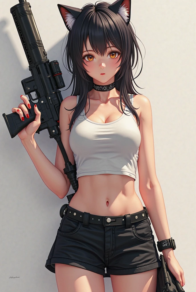 It is a battlefield, a downed plane and a destroyed war tank.,  There is a 16-year-old woman with black hair, long brown eyes, tender gaze and a pretty yet sexy face, posing sexy. , She is dressed in a ripped low-cut crop top, color verde militar, calzones rotos, She is very sexy posing sexy and wearing a white top showing her abdomen and low cut, a military type chain on her neck, an engagement ring , chica delgada, has long black hair brown eyes holding a long gun, young girl is 16 years old with great taste, Girl's face