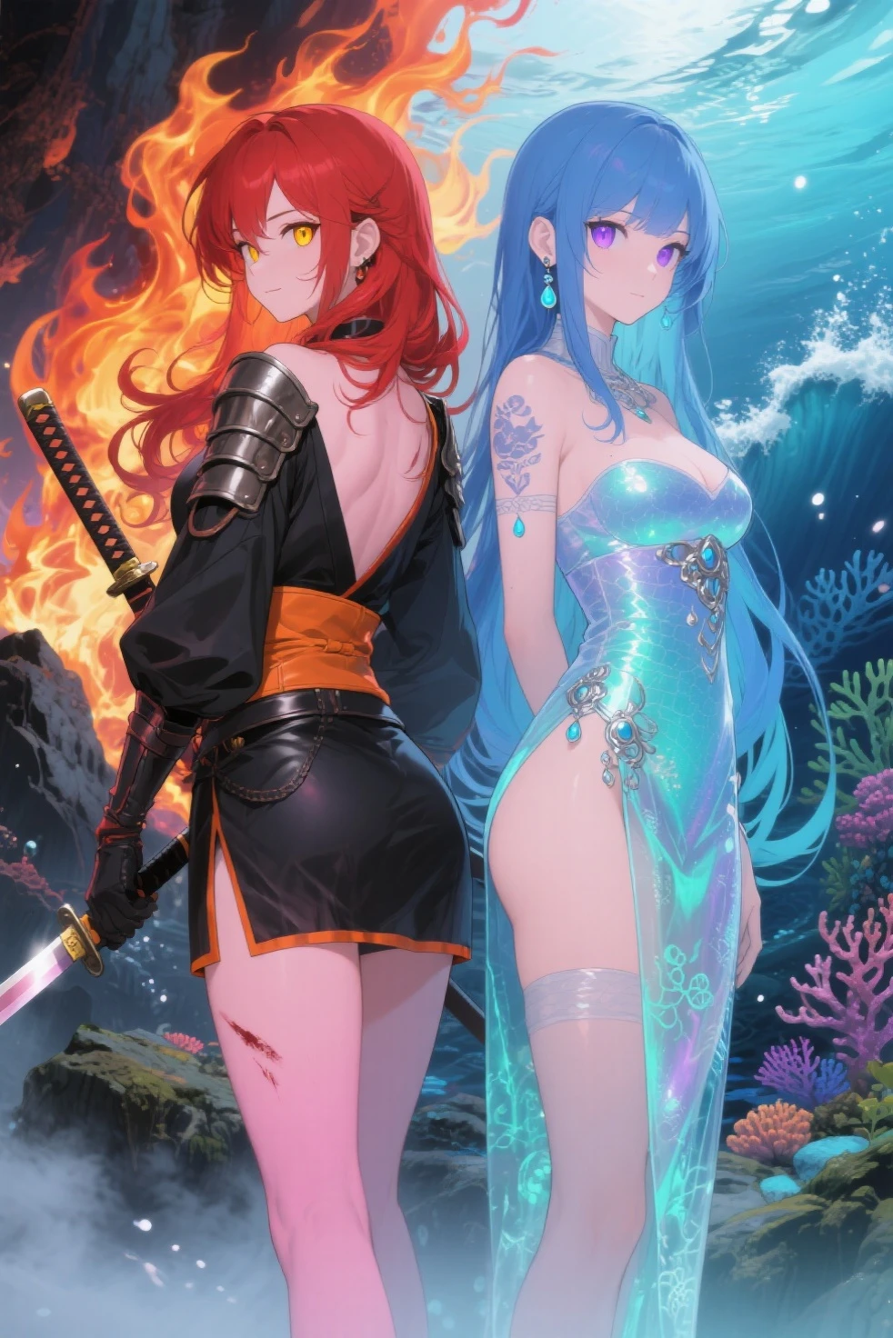 Create a sexy girl with long, flowing blue red and alluring green or amethyst eyes, standing next to Mikasa Ackerman from Attack on Titan. Both are making a victory sign. Detailed anime style with vibrant colors and dynamic perspective.