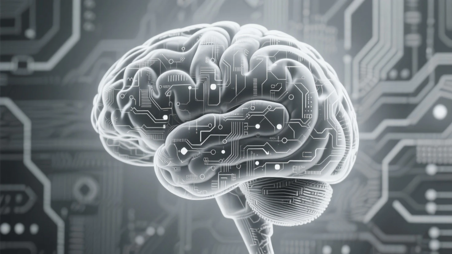 A digital book cover image of A digital brain with circuitry and binary code intertwined, symbolizing the merging of technology and human intelligence, 16K, highly detailed.