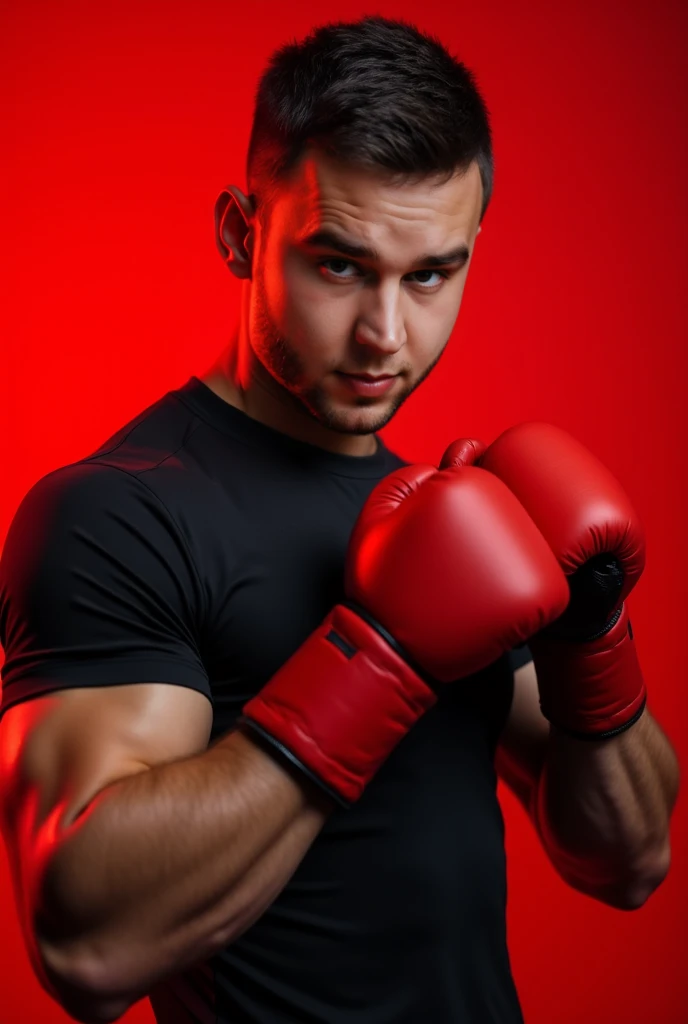 A handsome high school boxer with ripped abs is putting on his hand wraps and striking a fighting pose.