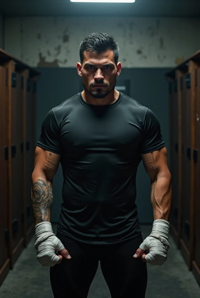 Boxeador em um plano mental, sem camisa, com tatuagens no peito, com tatuagens no abdome, com tatuagens na perna, with tattoos on the arm 