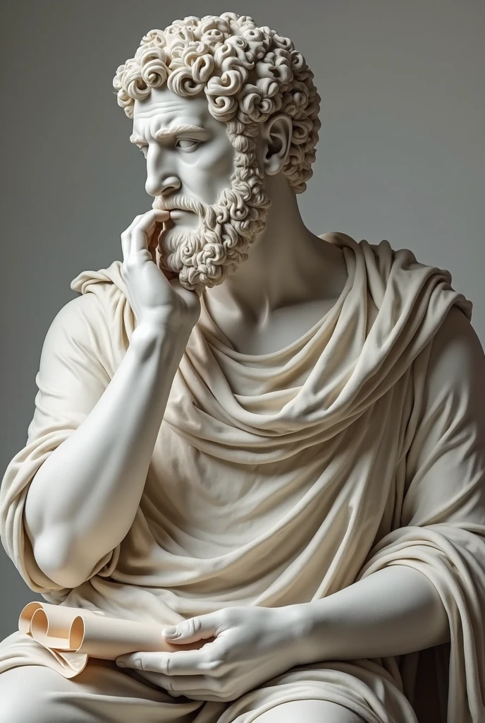 Greek statue with a doubtful face and hand on chin thinking 